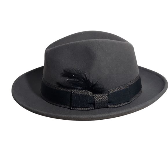 Hats in the Belfry 100% Gray Wool Fedora Black bow hatband and feather - Picture 12 of 15